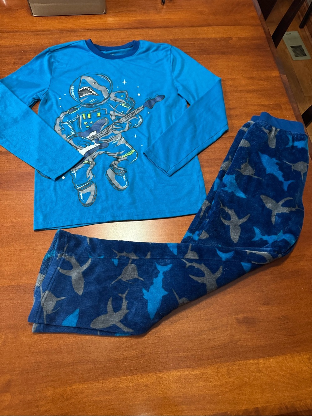 Blue Shark Astronaut Kids Pajama Set - Long Sleeve Top & Fleece Pants